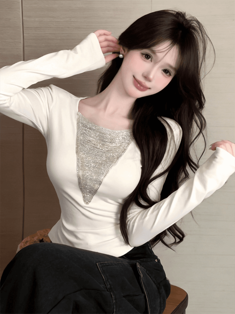 정가 실사 순수한 욕망 핫걸 체인 V넥 기본 셔츠 여성 인사이드 가져 가라. 긴팔 패션 티셔츠 맨위 봄 스타킹 상세 이미지 12