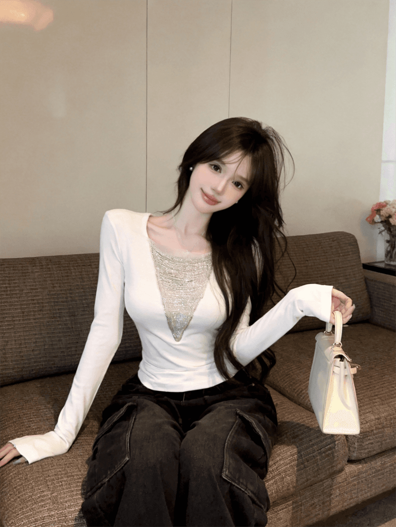 정가 실사 순수한 욕망 핫걸 체인 V넥 기본 셔츠 여성 인사이드 가져 가라. 긴팔 패션 티셔츠 맨위 봄 스타킹 상세 이미지 15