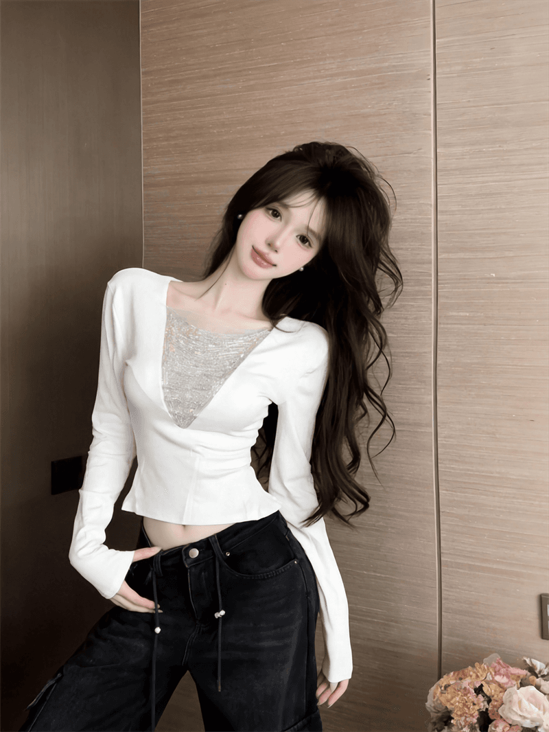 정가 실사 순수한 욕망 핫걸 체인 V넥 기본 셔츠 여성 인사이드 가져 가라. 긴팔 패션 티셔츠 맨위 봄 스타킹 상세 이미지 17