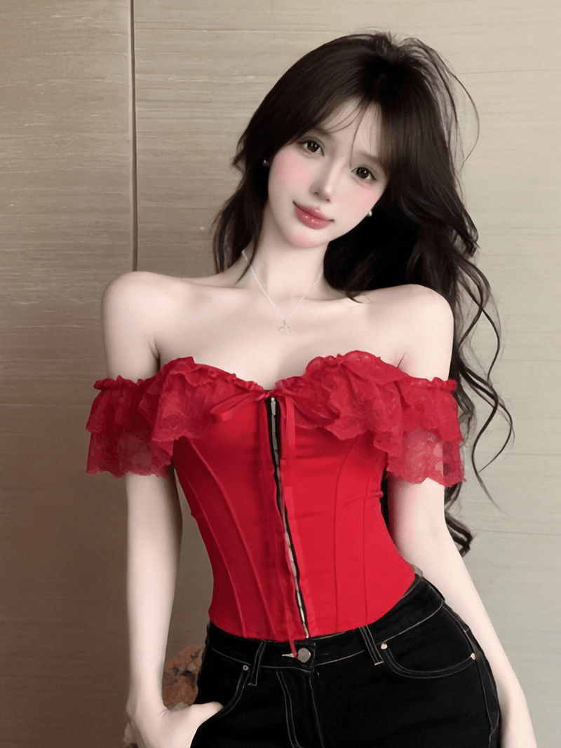 정가 실사 프랑스식 섹시함 레이스 레이스 오프숄더 튜브탑 캐미솔 허리 수축 생선뼈 플라스틱 몸 코르셋 이미지 3