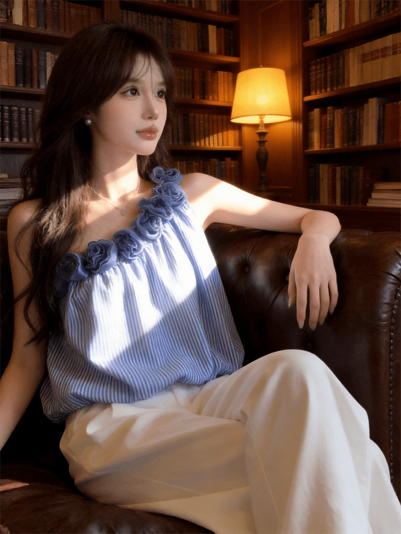 정가 실사 고급 센스 달콤한 매운맛 장미 낭만주의 3 차원 꽃 비스듬한 어깨 세로 줄무늬 작은 셔츠 쇼트 스타일 꽃밭 맨위 상세 이미지 9