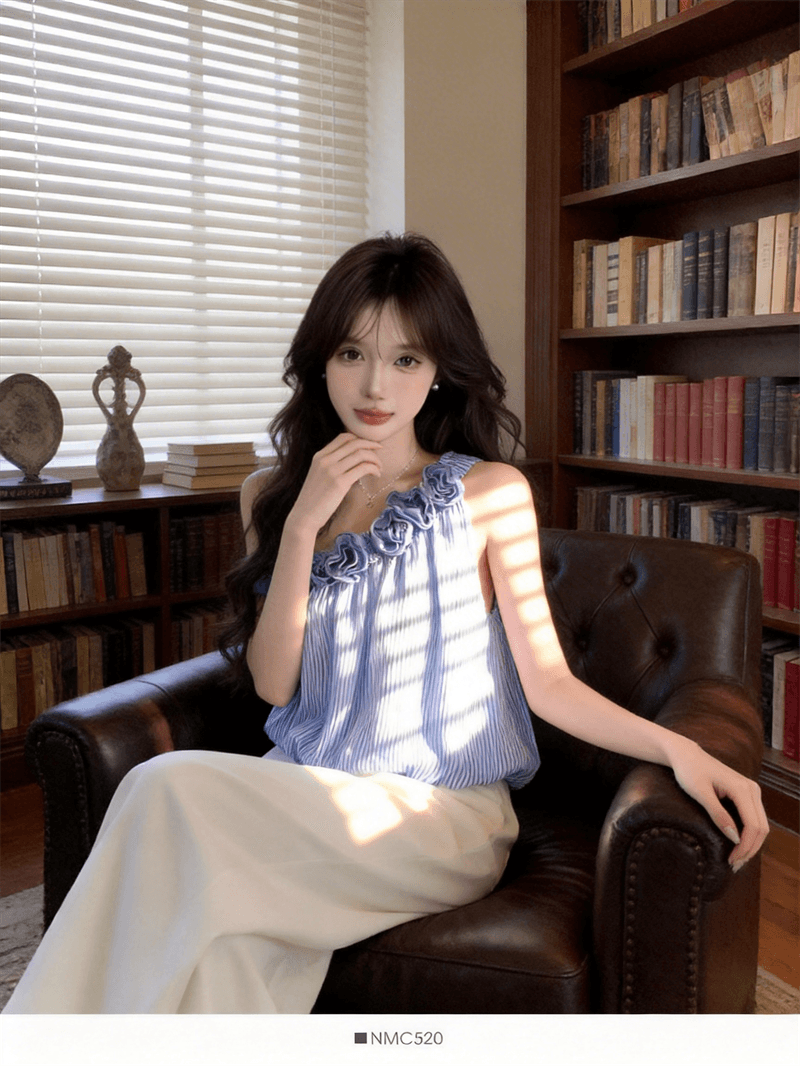 정가 실사 고급 센스 달콤한 매운맛 장미 낭만주의 3 차원 꽃 비스듬한 어깨 세로 줄무늬 작은 셔츠 쇼트 스타일 꽃밭 맨위 상세 이미지 15