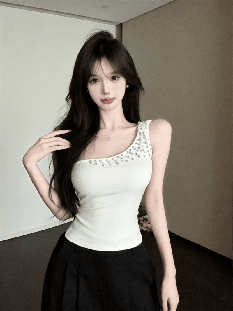 정가 실사 섹시함 달콤한 핫걸 비스듬한 어깨 다이아몬드 세팅 캐미솔 외출용 고유 한 백리스 몸매 가꾸기 쇼트 스타일 맨위 상세 이미지 1