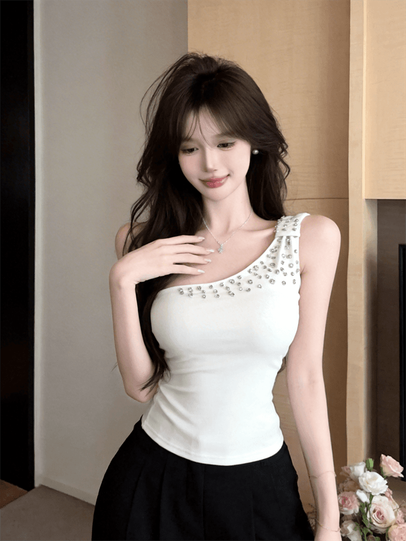 정가 실사 섹시함 달콤한 핫걸 비스듬한 어깨 다이아몬드 세팅 캐미솔 외출용 고유 한 백리스 몸매 가꾸기 쇼트 스타일 맨위 상세 이미지 7