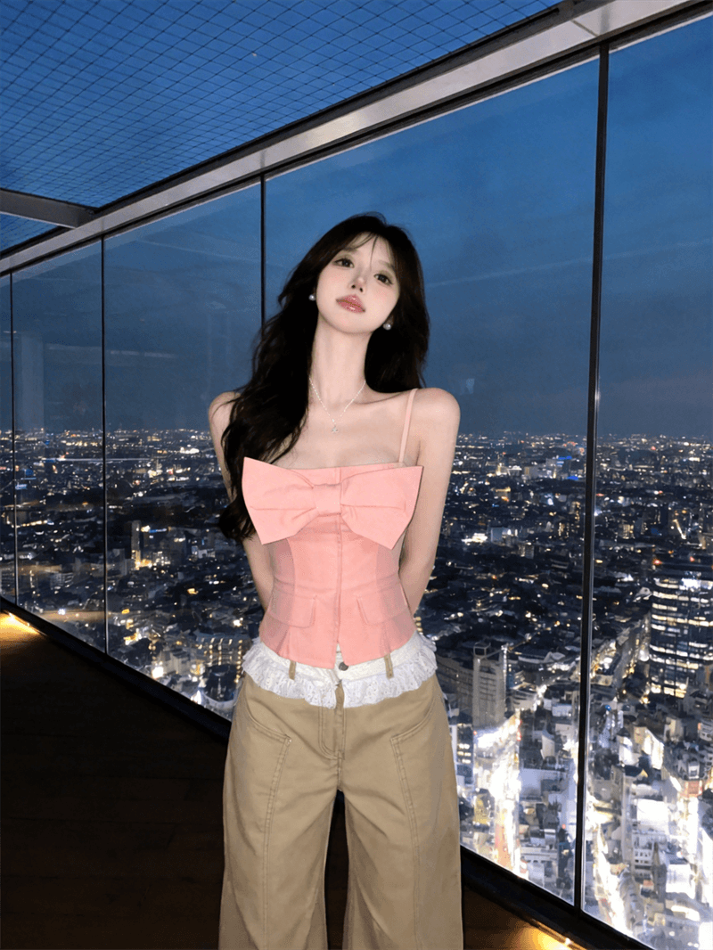정가 실사 순수한 욕망 섹시함 달콤한 매운맛 나비 매듭 Chic 디자인 센스 몸매 가꾸기 슬립 쇼트 스타일 핑크색 맨위 여성 여름 상세 이미지 2
