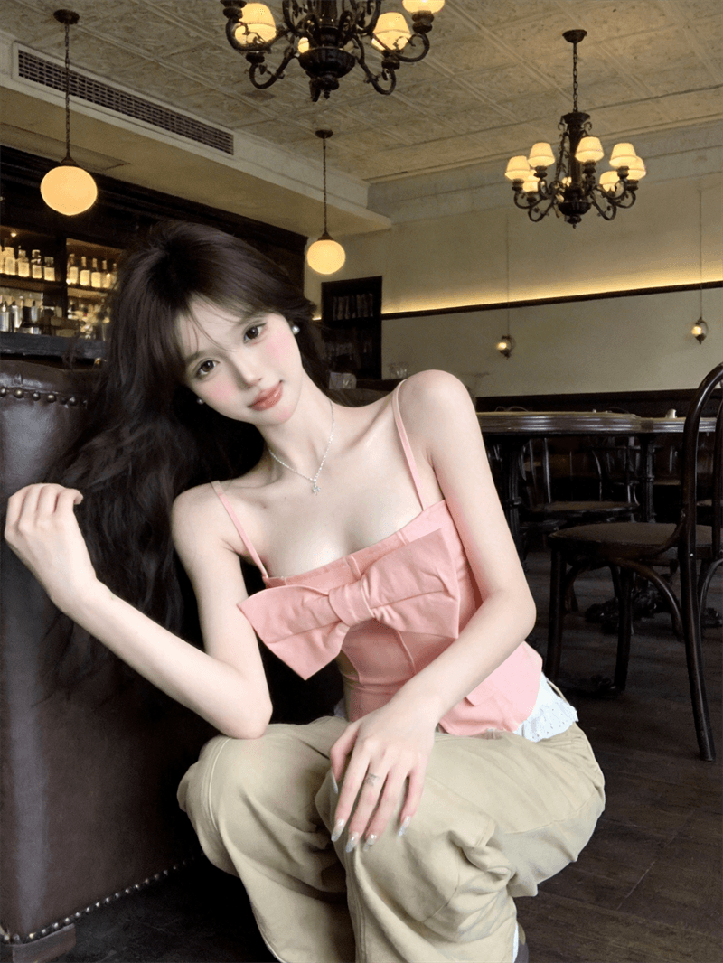 정가 실사 순수한 욕망 섹시함 달콤한 매운맛 나비 매듭 Chic 디자인 센스 몸매 가꾸기 슬립 쇼트 스타일 핑크색 맨위 여성 여름 상세 이미지 4