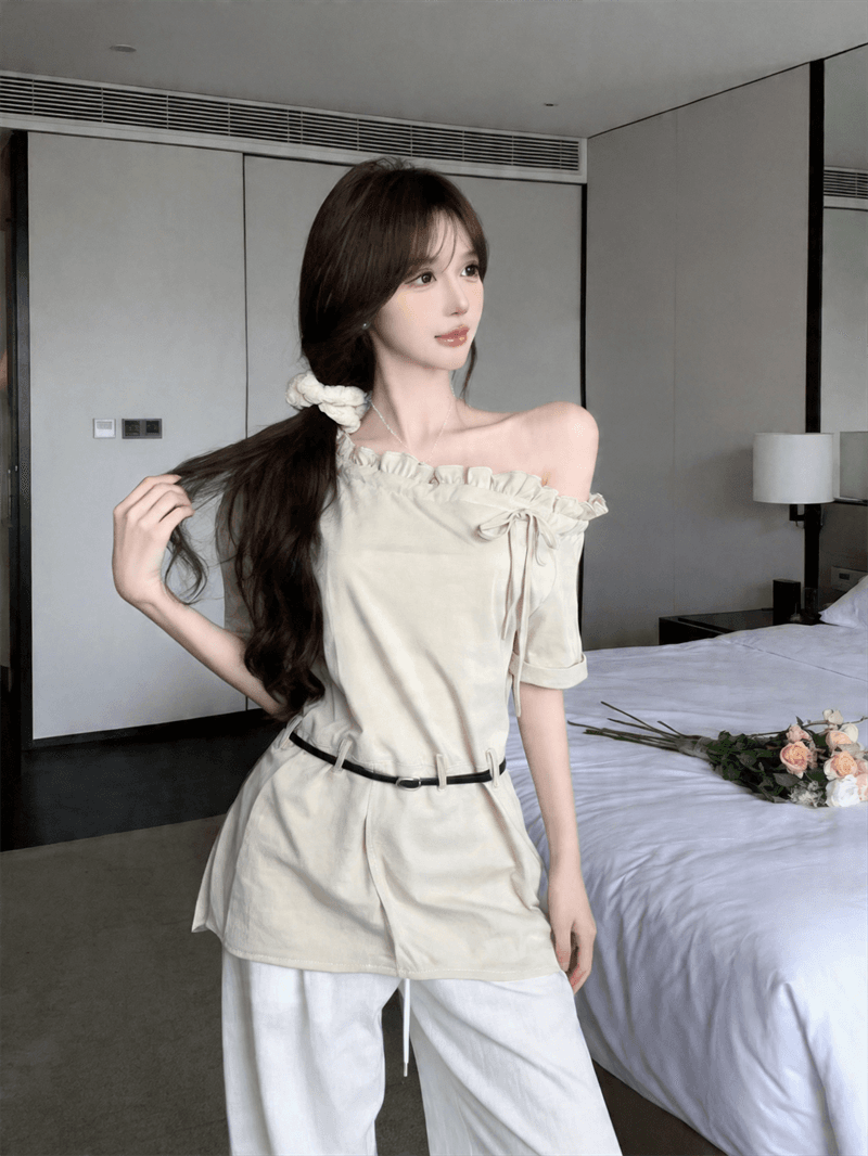정가 실사 한국 스타일 패션 캐주얼 비스듬한 어깨 오프숄더 로우 웨이스트 중간 길이 프릴 슬림해 보이는 셔츠 맨위 여성 상세 이미지 1