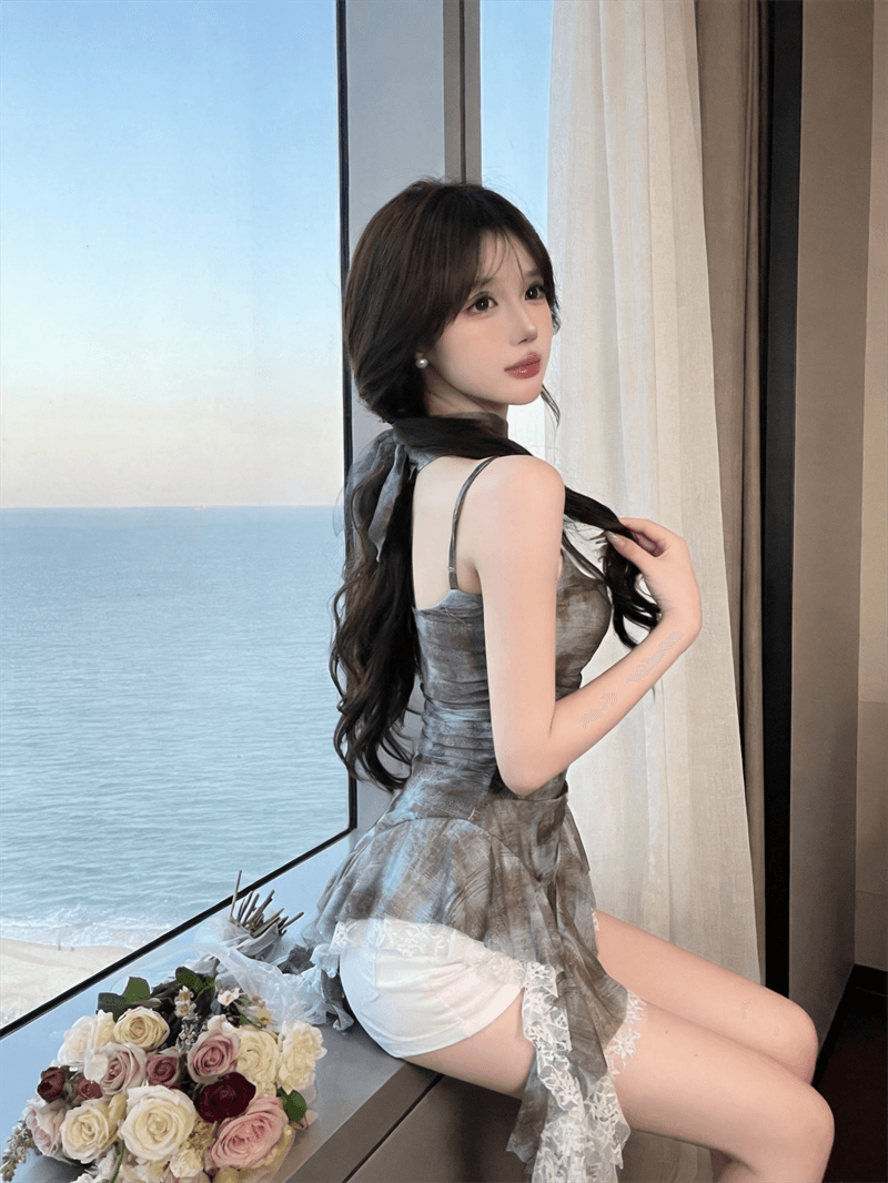 정가 실사 유럽과 미국 스타일 레트로 프린트 프릴 캐미솔 슬림해 보이는 불규칙 망사 휴가 맨위 상세 이미지 5