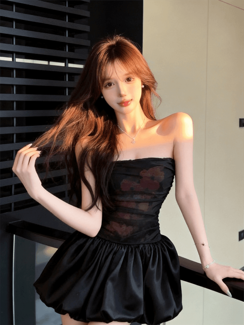 정가 실사 달콤함 소녀 느긋한 순수한 욕망 망사 패치워크 프린트 튜브탑 드레스 하이웨이스트 슬림해 보이는 퍼프 스커트 상세 이미지 22