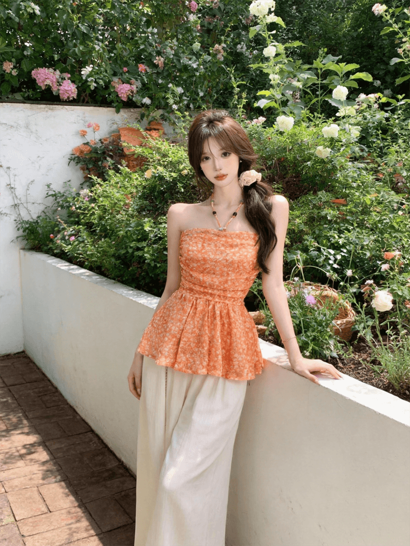 정가 실사 프랑스식 달콤한 스타일 꽃무늬 튜브탑 슬립 여성 여름 몸매 가꾸기 슬림해 보이는 휴가 바람 행침 목 허리 수축 맨위 상세 이미지 10