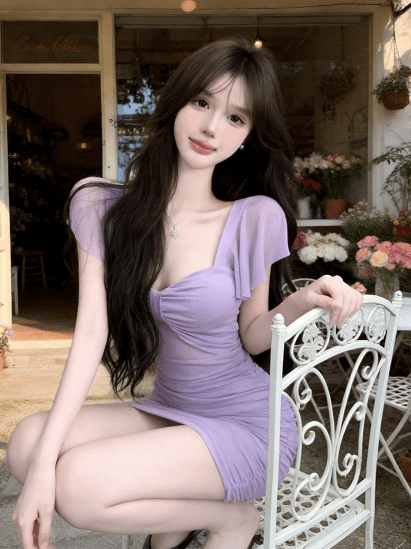 정가 실사 핫걸 부드러운 섹시함 망사 Feifei 소매 낮은 네크라인 몸매 가꾸기 드레스 순수한 욕망 타이트 스커트 미니 스커트 이미지 3