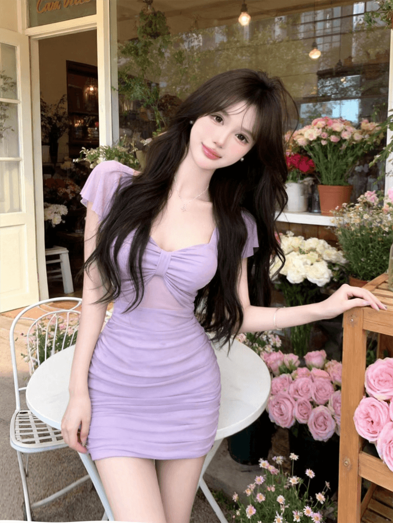 정가 실사 핫걸 부드러운 섹시함 망사 Feifei 소매 낮은 네크라인 몸매 가꾸기 드레스 순수한 욕망 타이트 스커트 미니 스커트 상세 이미지 10