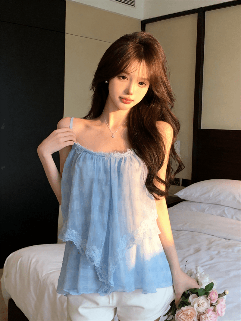 정가 실사 휴가 바람 레이스 핫걸 캐미솔 여름 파란색 패치워크 슬림해 보이는 작은 키 여름 맨위 상세 이미지 12