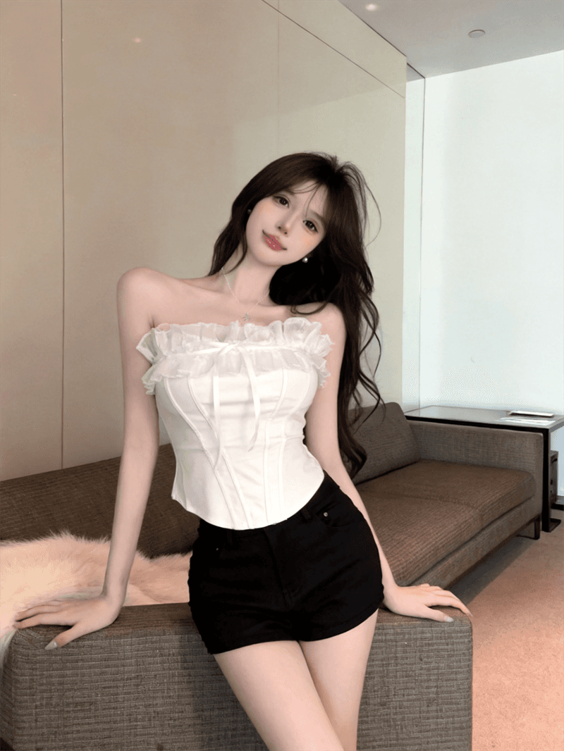 정가 실사 순수한 욕망 핫걸 프랑스식 달콤함 생선뼈 몸매 가꾸기 아름다운 프릴 튜브탑 쇼트 스타일 슬림해 보이는 맨위 여성 상세 이미지 3