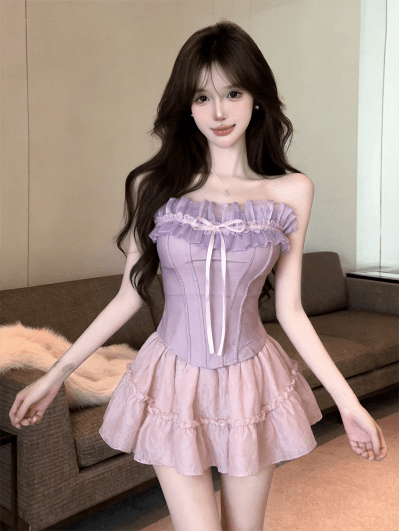 정가 실사 순수한 욕망 핫걸 프랑스식 달콤함 생선뼈 몸매 가꾸기 아름다운 프릴 튜브탑 쇼트 스타일 슬림해 보이는 맨위 여성 상세 이미지 19