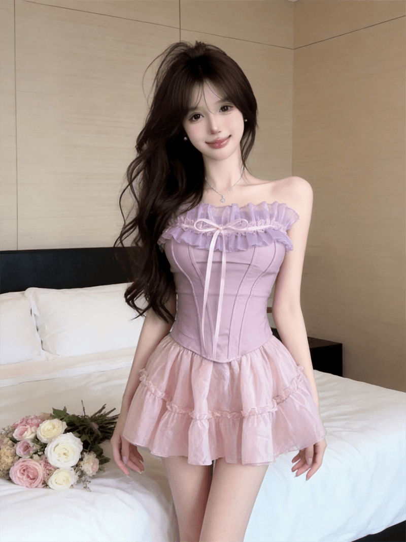 정가 실사 순수한 욕망 핫걸 프랑스식 달콤함 생선뼈 몸매 가꾸기 아름다운 프릴 튜브탑 쇼트 스타일 슬림해 보이는 맨위 여성 상세 이미지 21