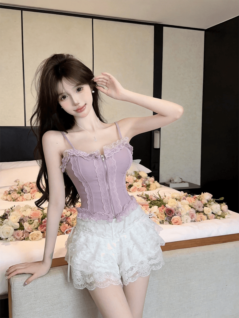 정가 실사 프랑스식 순수한 욕망 섹시함 작은 슬링 레이스 측면 몸매 가꾸기 지퍼 달콤한 매운맛 쇼트 스타일 튜브탑 외출용 조끼 상세 이미지 2