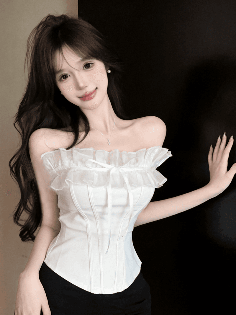 정가 실사 순수한 욕망 핫걸 프랑스식 달콤함 생선뼈 몸매 가꾸기 아름다운 프릴 튜브탑 쇼트 스타일 슬림해 보이는 맨위 여성 이미지 3