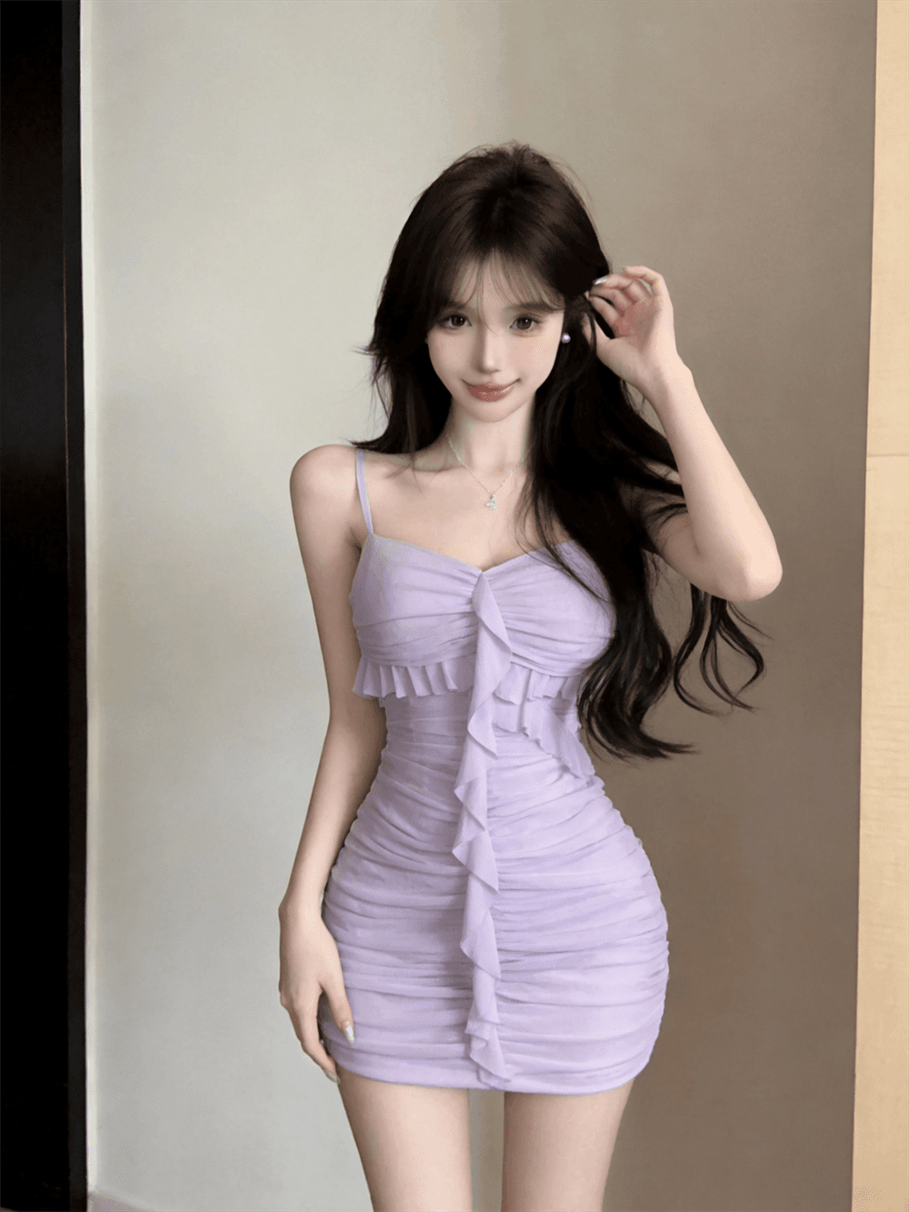 정가 실사 명문 여성 품격 섹시함 슬립 부드러운 순수한 욕망 프릴 망사 주름 슬림해 보이는 타이트 스커트 드레스 상세 이미지 10