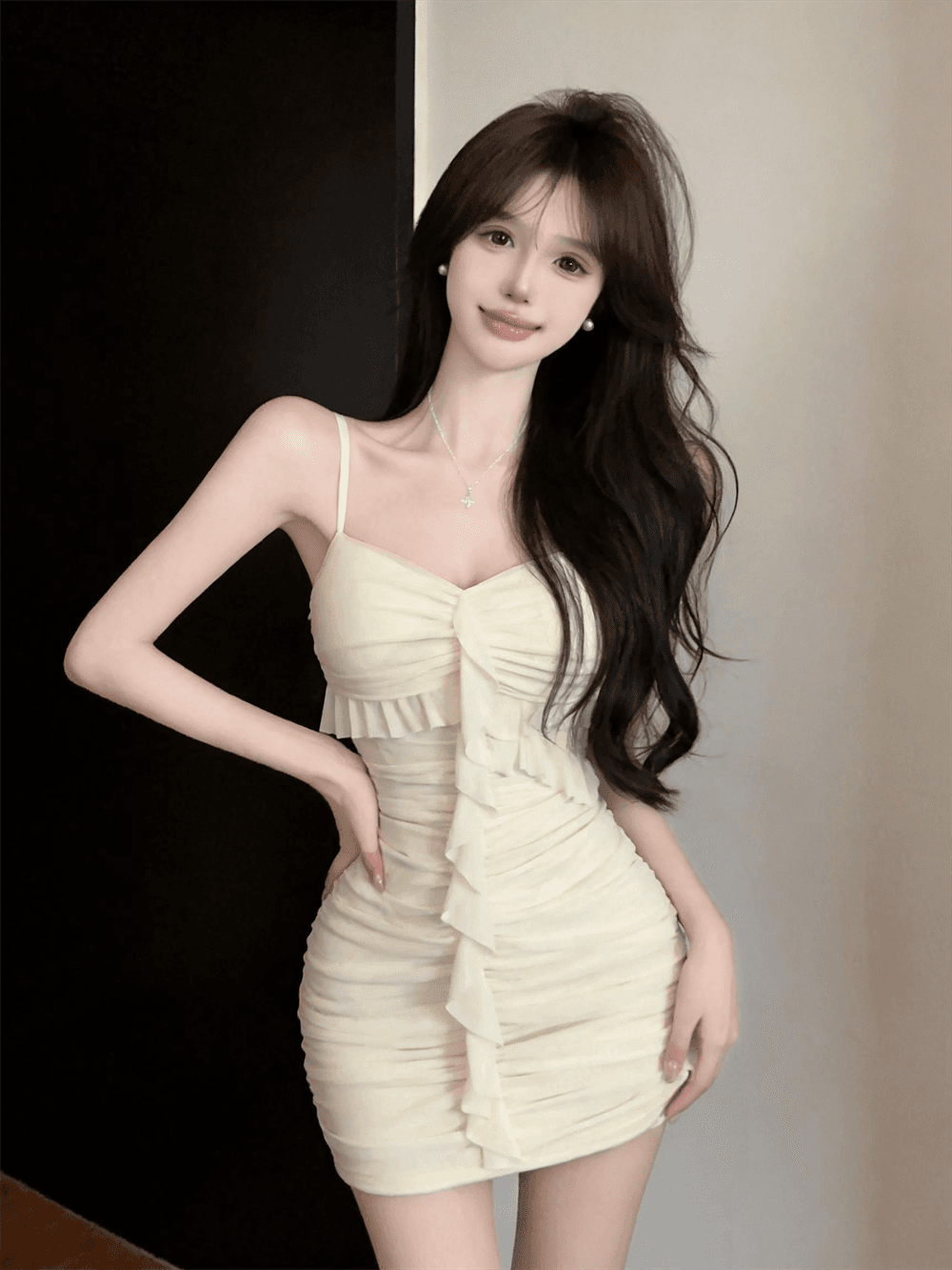정가 실사 명문 여성 품격 섹시함 슬립 부드러운 순수한 욕망 프릴 망사 주름 슬림해 보이는 타이트 스커트 드레스 상세 이미지 14