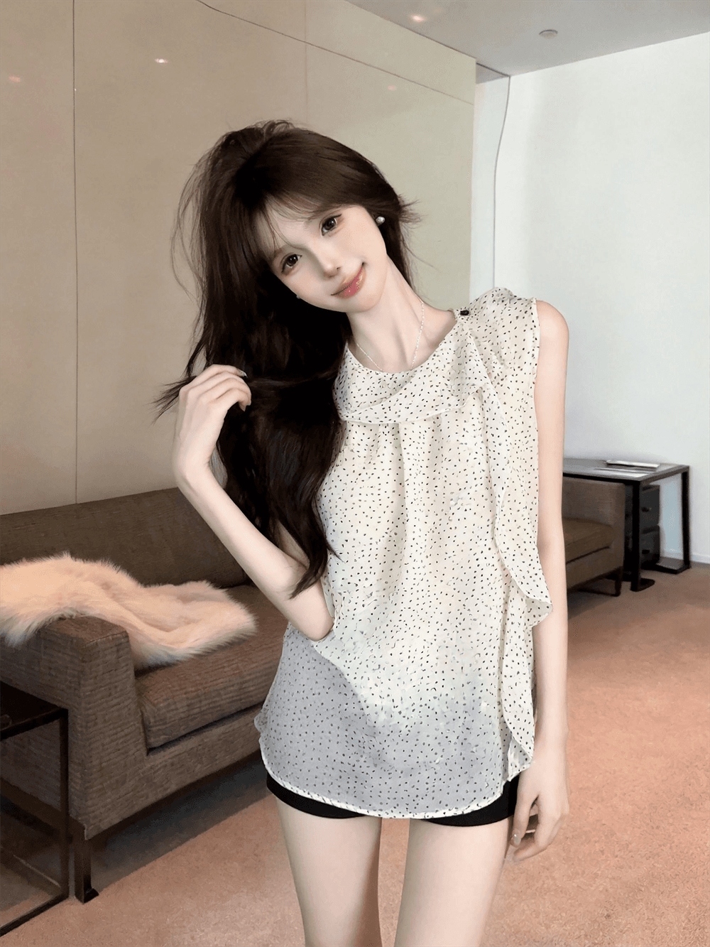 정가 실사 프랑스식 빛 요리 한 바람 도트 무늬 프릴 리본 민소매 조끼 여성 패션 루즈핏 연령 감소 맨위 트렌디 상세 이미지 1