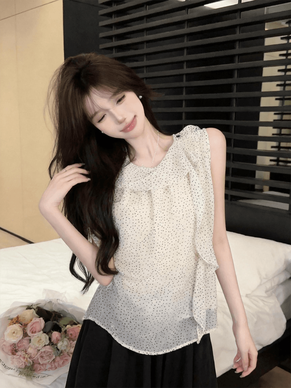 정가 실사 프랑스식 빛 요리 한 바람 도트 무늬 프릴 리본 민소매 조끼 여성 패션 루즈핏 연령 감소 맨위 트렌디 상세 이미지 7