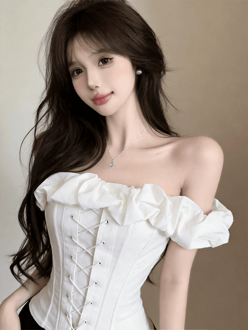 정가 실사 순수한 욕망 핫걸 아름다운 오프숄더 섹시함 화이트 낭만주의 스트랩 생선뼈 몸 코르셋 맨위 여성