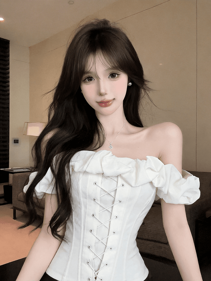 정가 실사 순수한 욕망 핫걸 아름다운 오프숄더 섹시함 화이트 낭만주의 스트랩 생선뼈 몸 코르셋 맨위 여성 이미지 3