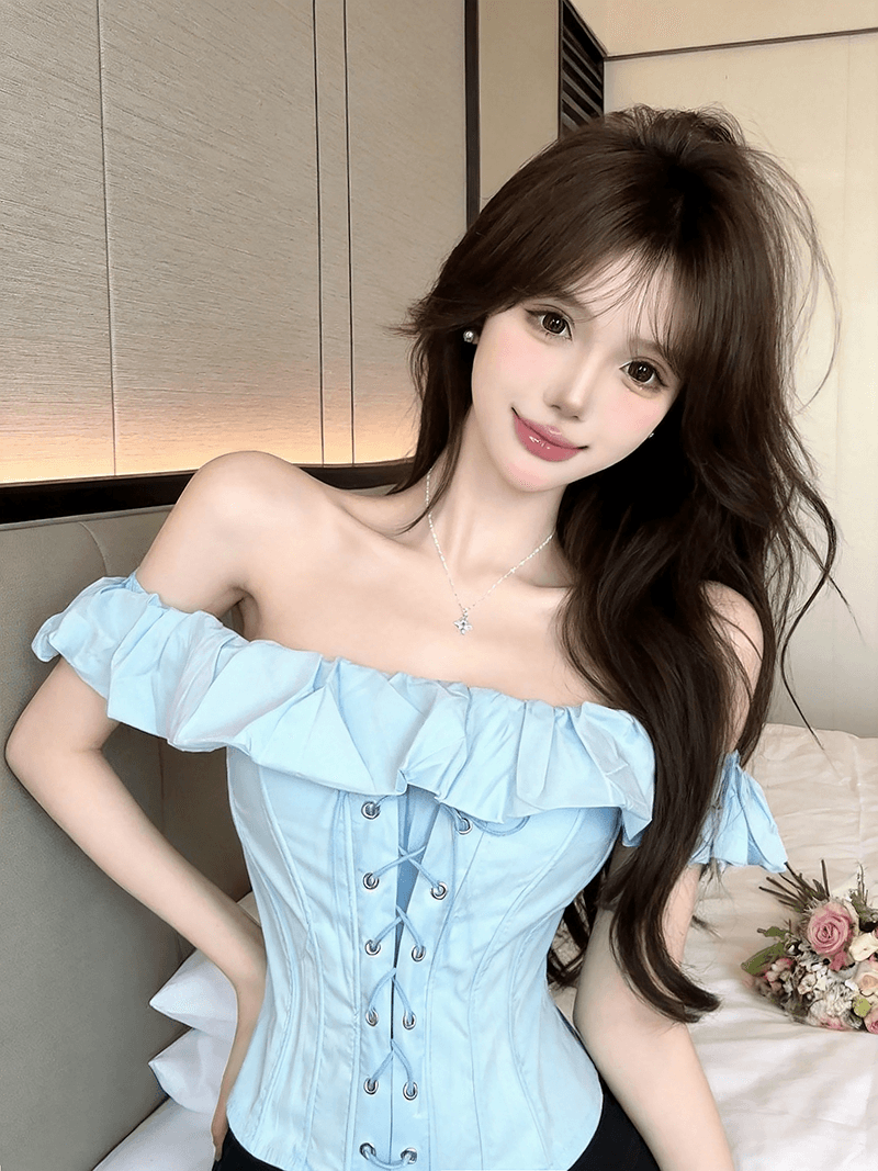 정가 실사 순수한 욕망 핫걸 아름다운 오프숄더 섹시함 화이트 낭만주의 스트랩 생선뼈 몸 코르셋 맨위 여성 이미지 2