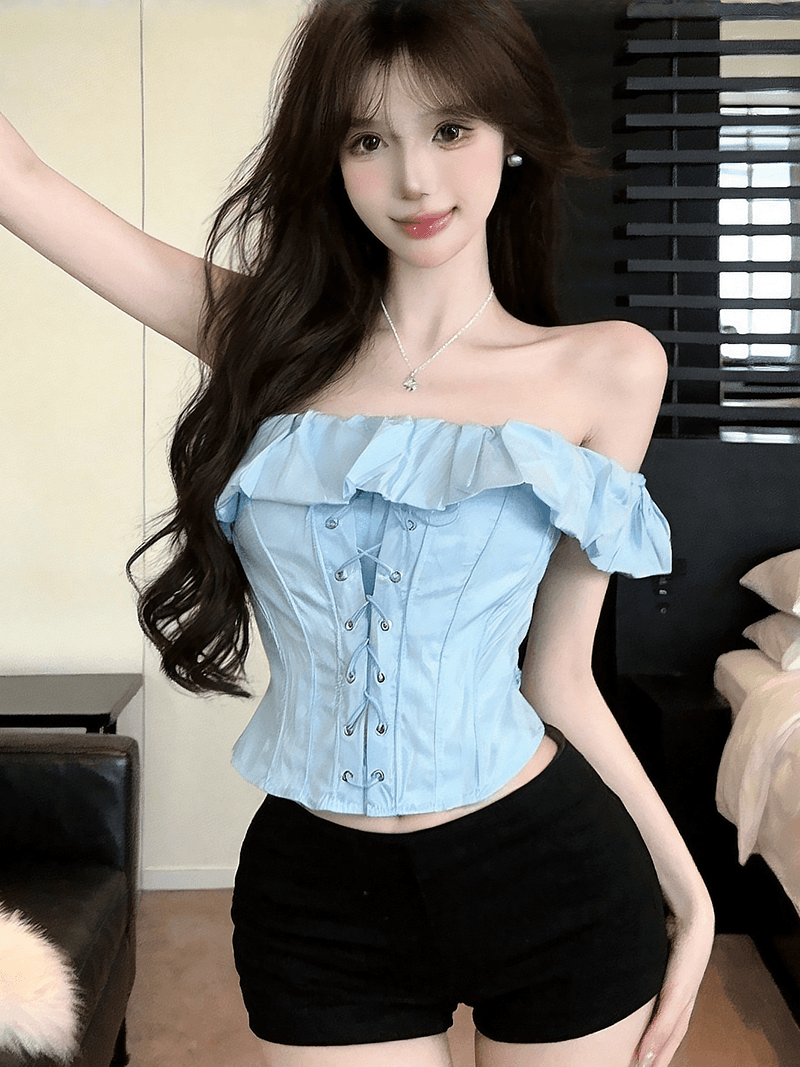 정가 실사 순수한 욕망 핫걸 아름다운 오프숄더 섹시함 화이트 낭만주의 스트랩 생선뼈 몸 코르셋 맨위 여성 이미지 4
