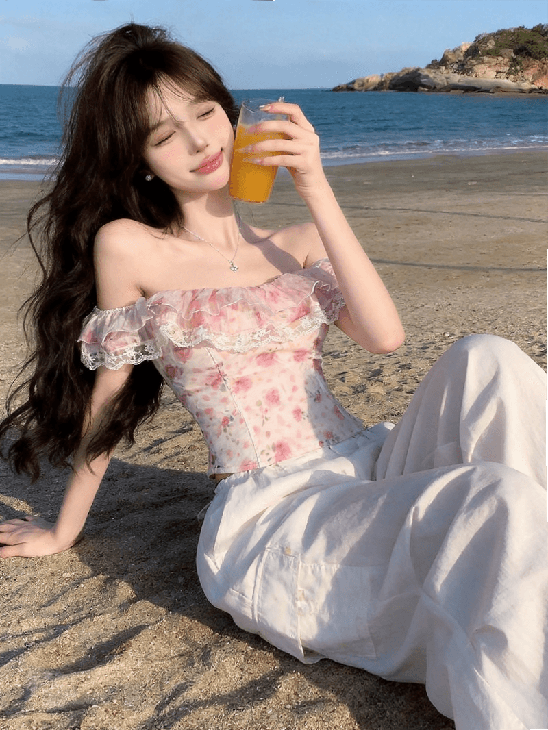 정가 실사 프랑스식 달콤한 스타일 꽃무늬 프릴 레이스 조각 튜브탑 조끼 여성 오프숄더 연령 감소 맨위 상세 이미지 1