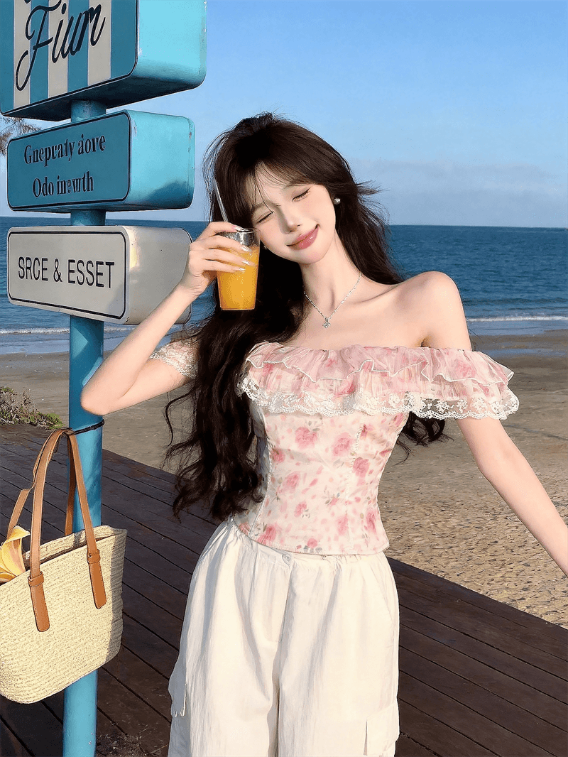 정가 실사 프랑스식 달콤한 스타일 꽃무늬 프릴 레이스 조각 튜브탑 조끼 여성 오프숄더 연령 감소 맨위 상세 이미지 5