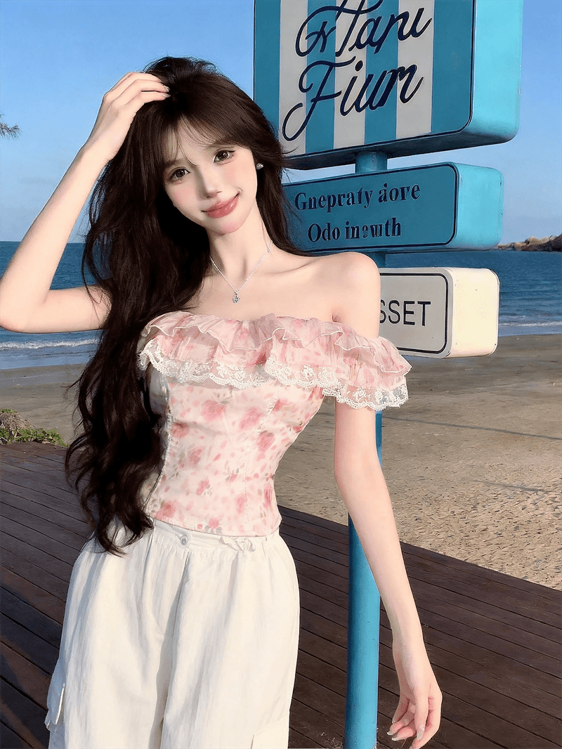 정가 실사 프랑스식 달콤한 스타일 꽃무늬 프릴 레이스 조각 튜브탑 조끼 여성 오프숄더 연령 감소 맨위 상세 이미지 13