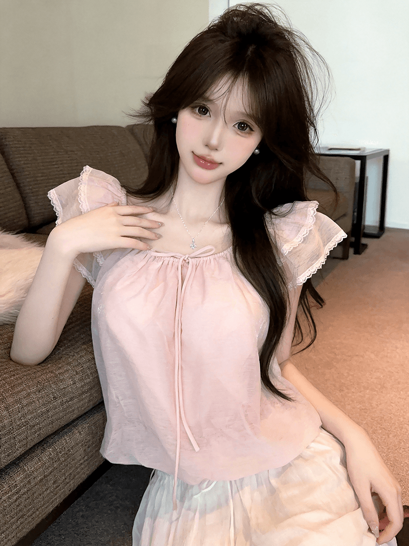 정가 실사 프랑스식 달콤함 연령 감소 오프숄더 레이스 측면 Feifei 소매 라운드 넥 둘 착용 부드러운 꽃밭 맨위