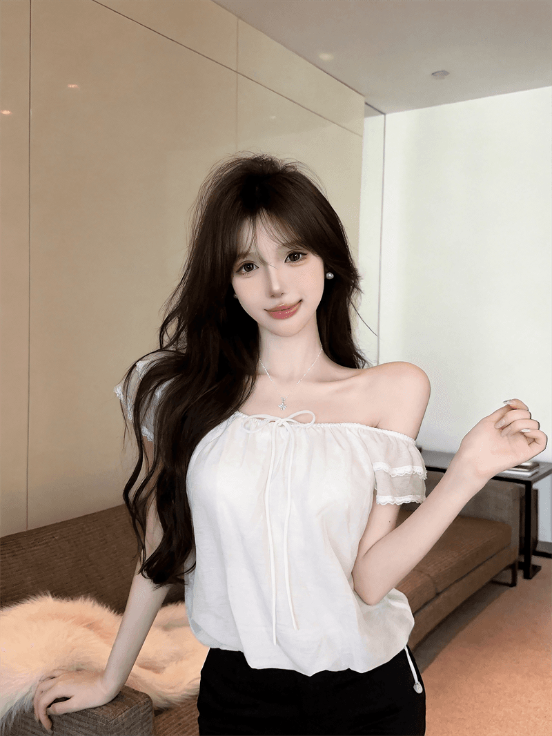 정가 실사 프랑스식 달콤함 연령 감소 오프숄더 레이스 측면 Feifei 소매 라운드 넥 둘 착용 부드러운 꽃밭 맨위 상세 이미지 1