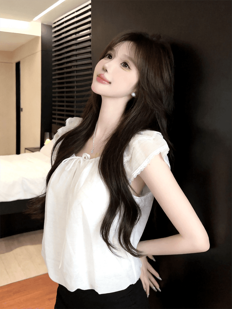 정가 실사 프랑스식 달콤함 연령 감소 오프숄더 레이스 측면 Feifei 소매 라운드 넥 둘 착용 부드러운 꽃밭 맨위 상세 이미지 2