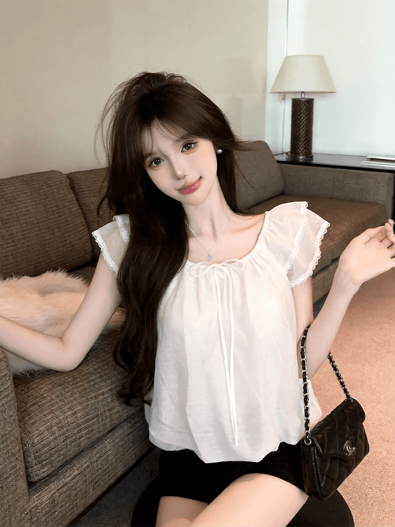 정가 실사 프랑스식 달콤함 연령 감소 오프숄더 레이스 측면 Feifei 소매 라운드 넥 둘 착용 부드러운 꽃밭 맨위 상세 이미지 3