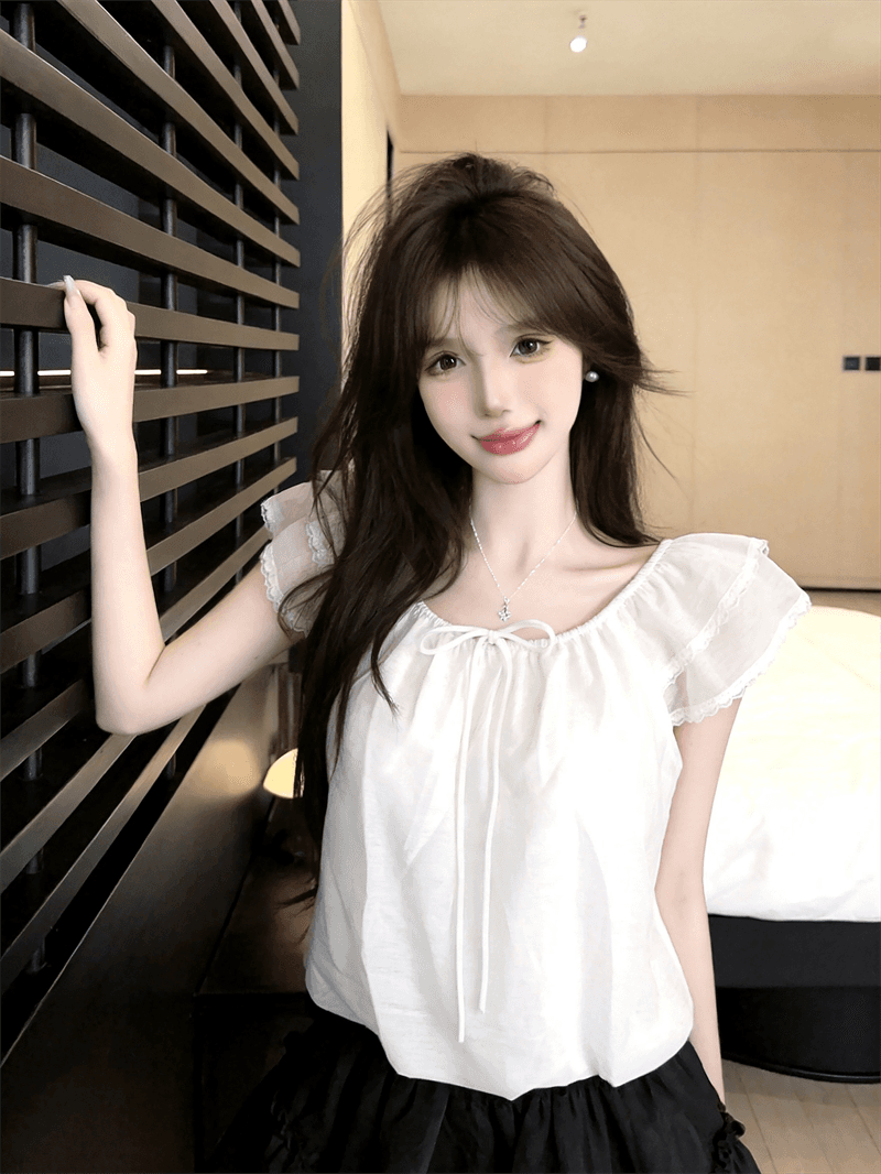정가 실사 프랑스식 달콤함 연령 감소 오프숄더 레이스 측면 Feifei 소매 라운드 넥 둘 착용 부드러운 꽃밭 맨위 상세 이미지 11