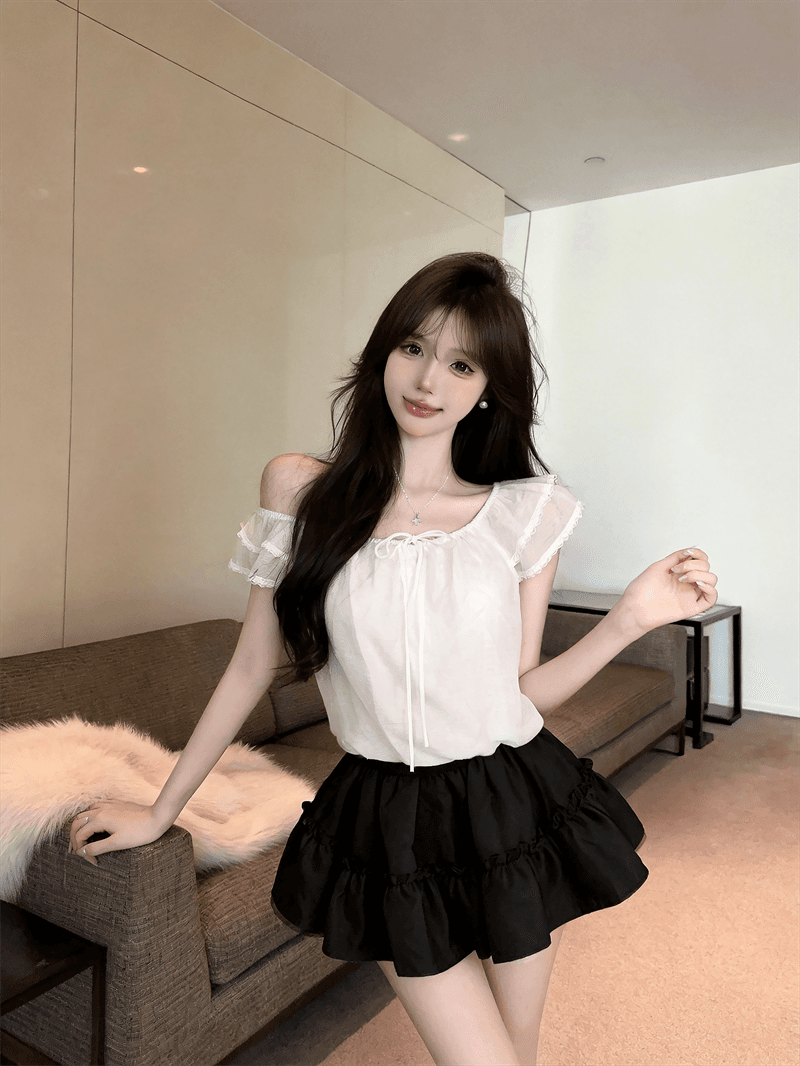 정가 실사 프랑스식 달콤함 연령 감소 오프숄더 레이스 측면 Feifei 소매 라운드 넥 둘 착용 부드러운 꽃밭 맨위 상세 이미지 12