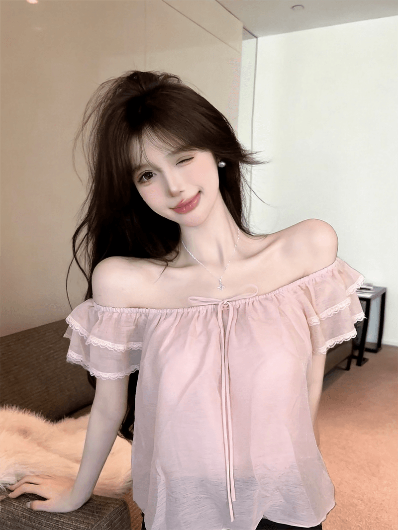 정가 실사 프랑스식 달콤함 연령 감소 오프숄더 레이스 측면 Feifei 소매 라운드 넥 둘 착용 부드러운 꽃밭 맨위 상세 이미지 15