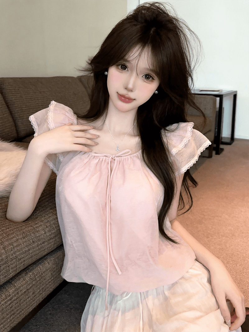 정가 실사 프랑스식 달콤함 연령 감소 오프숄더 레이스 측면 Feifei 소매 라운드 넥 둘 착용 부드러운 꽃밭 맨위 상세 이미지 20
