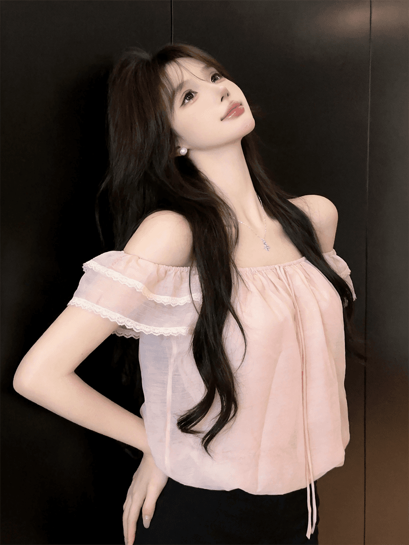 정가 실사 프랑스식 달콤함 연령 감소 오프숄더 레이스 측면 Feifei 소매 라운드 넥 둘 착용 부드러운 꽃밭 맨위 상세 이미지 23