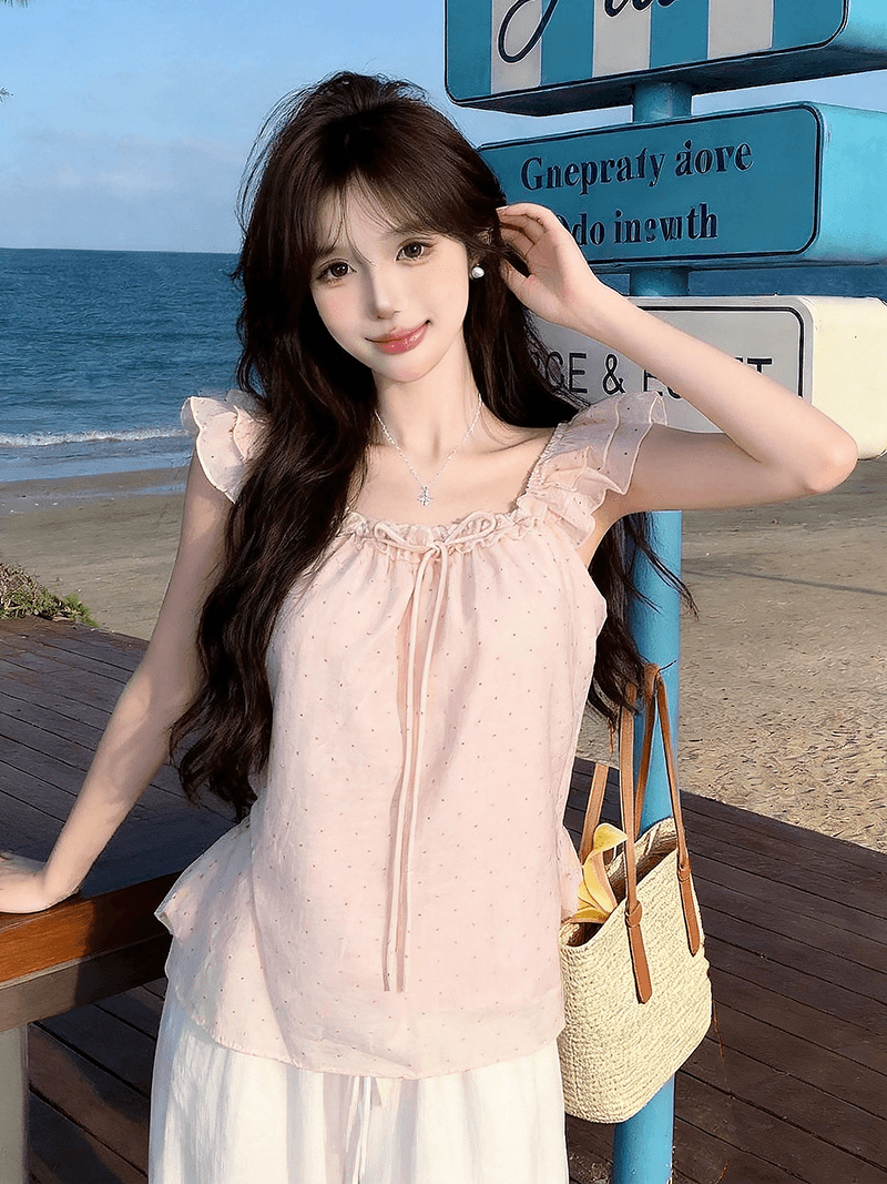 정가 실사 한 부서 인형 셔츠 디자인 센스 도트 무늬 연령 감소 Feifei 소매 여성 셔츠 여름 레이스업 슬림해 보이는 맨위 이미지 3