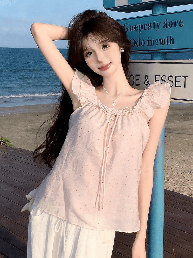 정가 실사 한 부서 인형 셔츠 디자인 센스 도트 무늬 연령 감소 Feifei 소매 여성 셔츠 여름 레이스업 슬림해 보이는 맨위