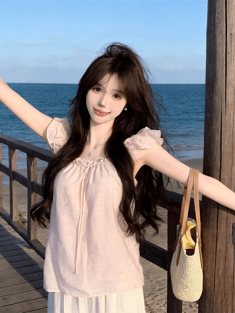 정가 실사 한 부서 인형 셔츠 디자인 센스 도트 무늬 연령 감소 Feifei 소매 여성 셔츠 여름 레이스업 슬림해 보이는 맨위 상세 이미지 1