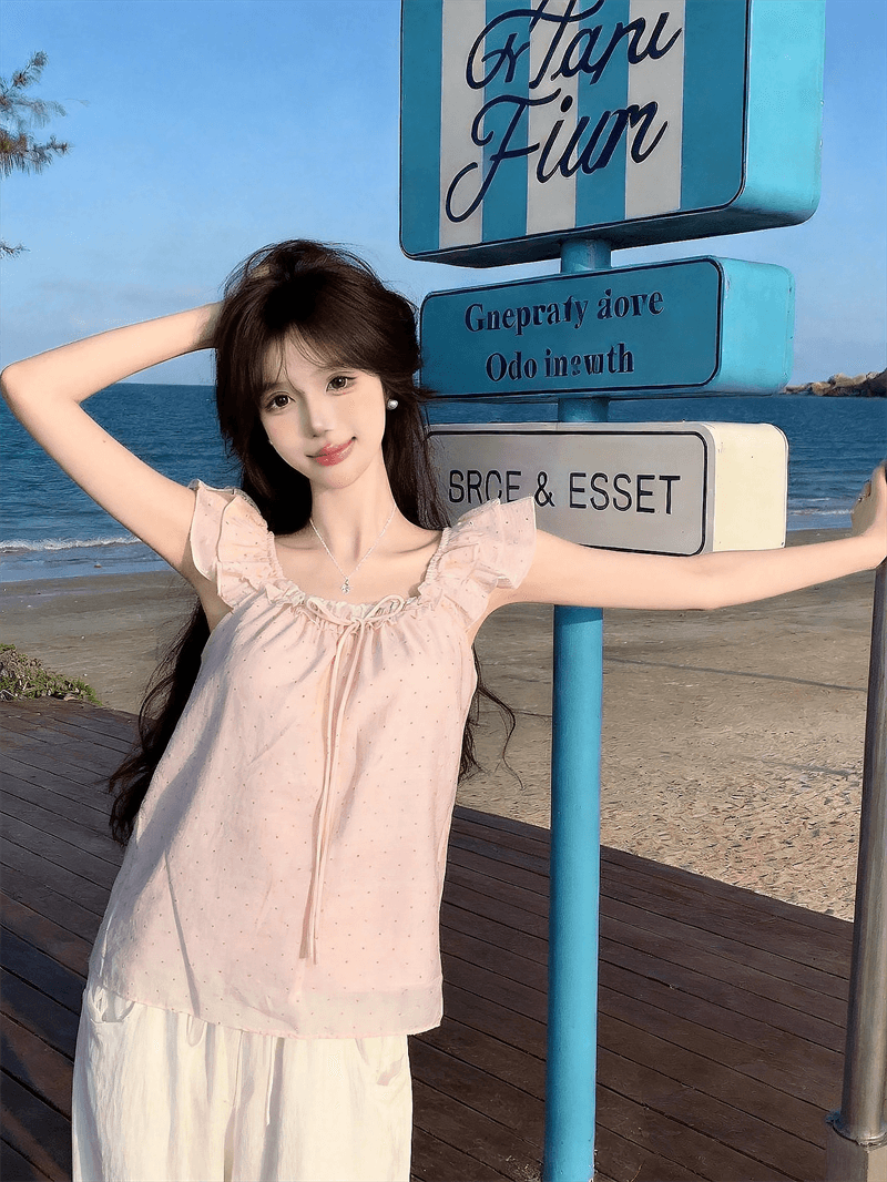 정가 실사 한 부서 인형 셔츠 디자인 센스 도트 무늬 연령 감소 Feifei 소매 여성 셔츠 여름 레이스업 슬림해 보이는 맨위 상세 이미지 2