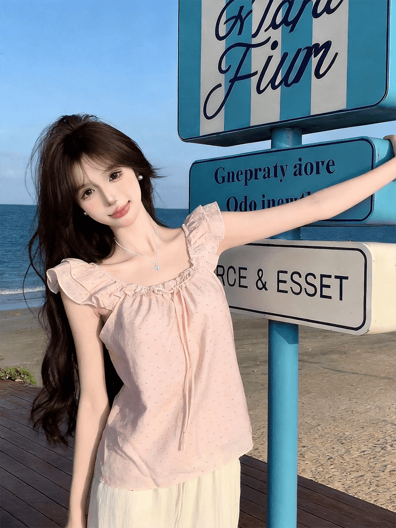 정가 실사 한 부서 인형 셔츠 디자인 센스 도트 무늬 연령 감소 Feifei 소매 여성 셔츠 여름 레이스업 슬림해 보이는 맨위 상세 이미지 3