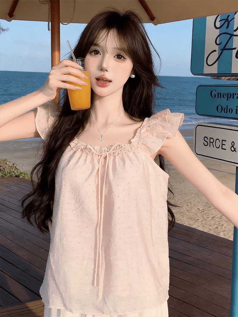 정가 실사 한 부서 인형 셔츠 디자인 센스 도트 무늬 연령 감소 Feifei 소매 여성 셔츠 여름 레이스업 슬림해 보이는 맨위 상세 이미지 8