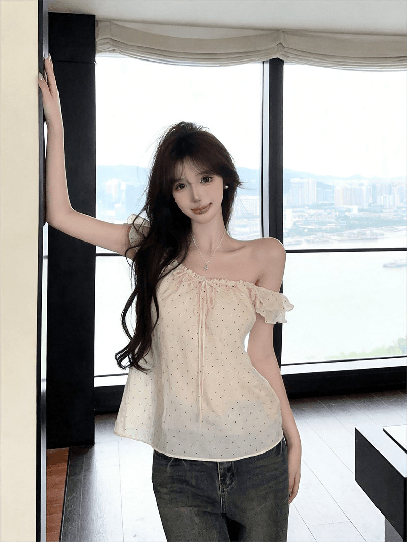 정가 실사 한 부서 인형 셔츠 디자인 센스 도트 무늬 연령 감소 Feifei 소매 여성 셔츠 여름 레이스업 슬림해 보이는 맨위 상세 이미지 19