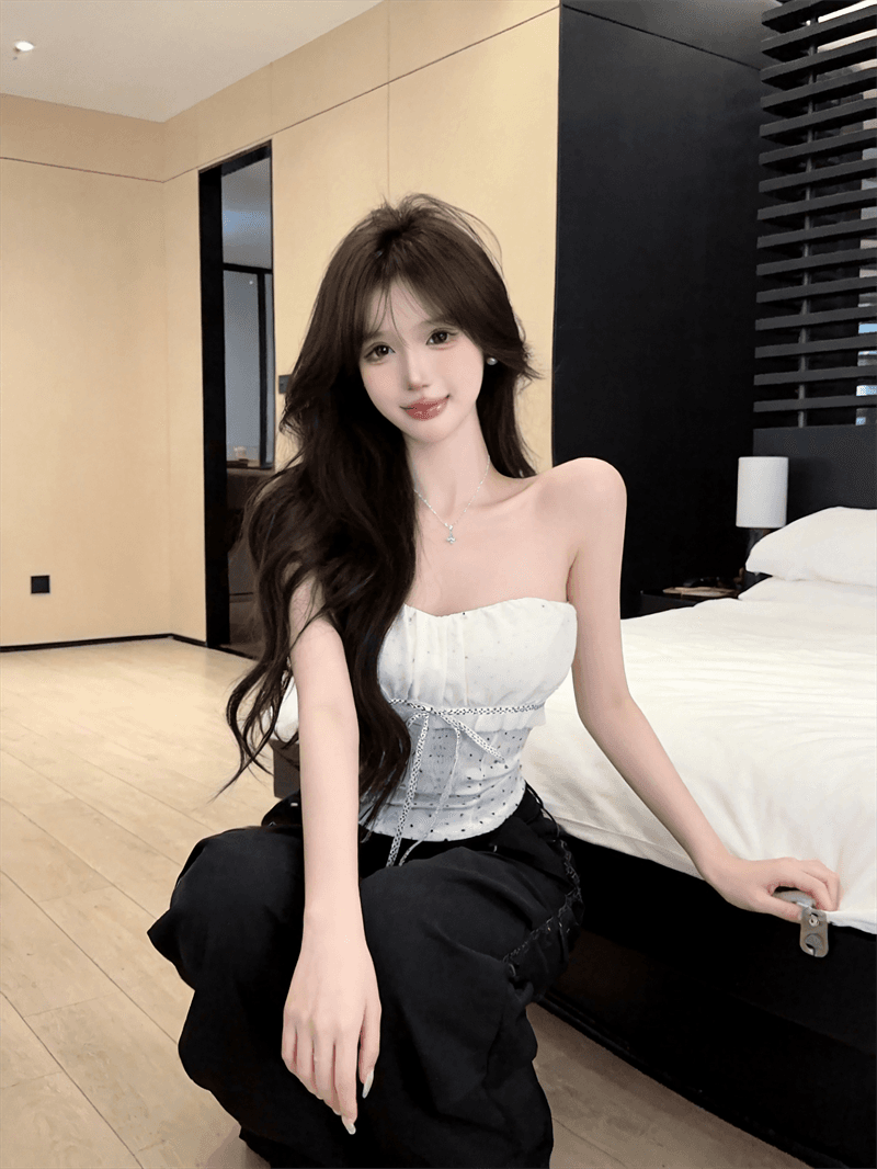 정가 실사 핫걸 섹시함 도트 무늬 튜브탑 조끼 여성 여름 외출용 순수한 욕망 바람 스트랩 허리 수축 민소매 맨위 상세 이미지 3